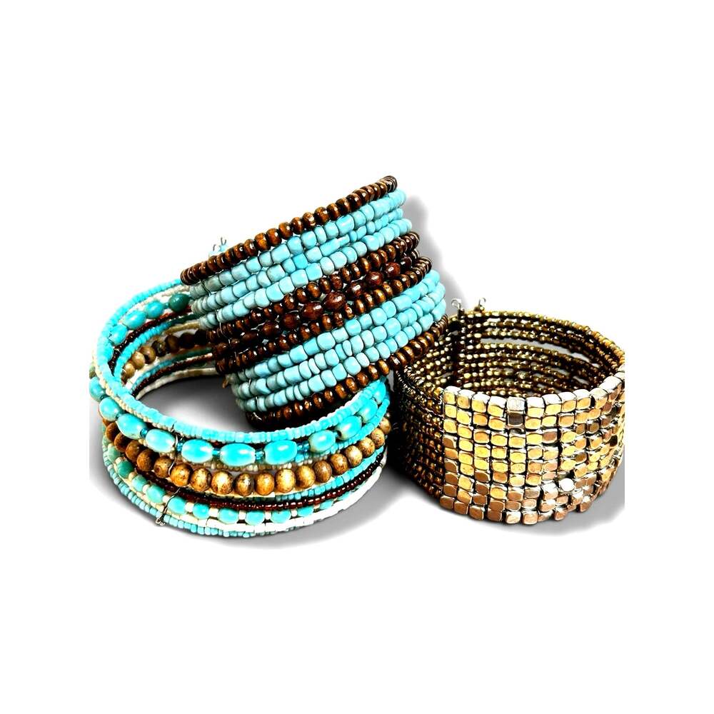 Lot of 3 Boho Beaded Cuff Bracelets Memory Wire Blue Brown Gold Tones